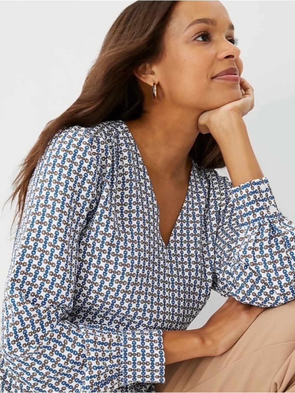 Ann Taylor Peplum Blouse - Chain Print Blue and Taupe V-Neck Size Small